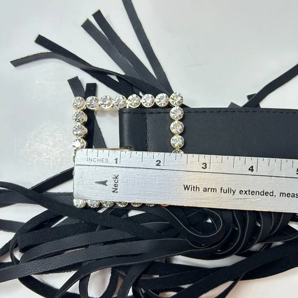 Women's NWOT Black Fringe Clear Gem Detail Buckle Elastic and Faux Leather Belt